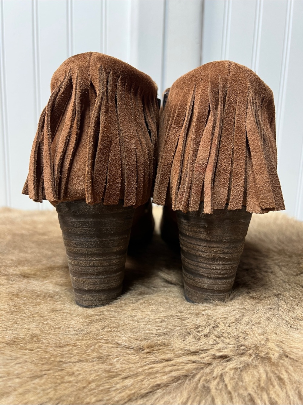 Born Thora Fringe Leather Ankle Boots 11 Booties Saddle Brown - Picture 4 of 6